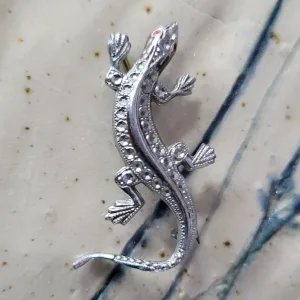 Vintage Lizard Brooch with Rhinestones and Red Eyes