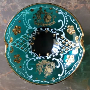 Vintage Glass Ashtray, Turquoise with Gold Decor and Figural Scenes