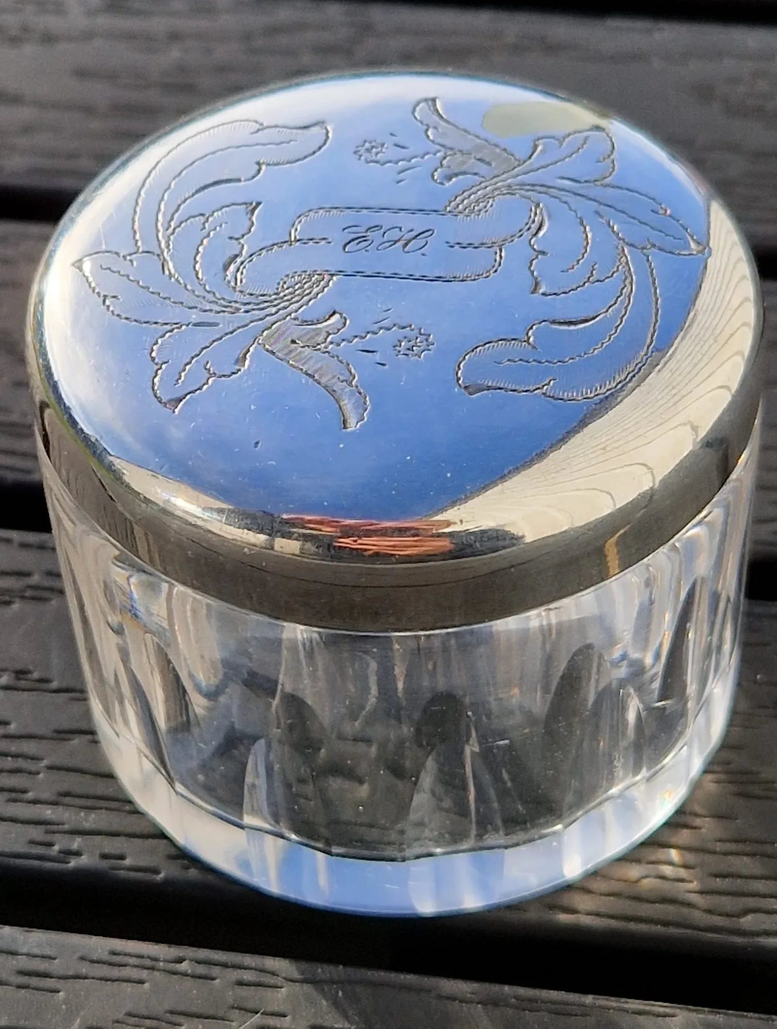 Vintage Glasburk med Graverat Silverfärgat Lock - Bild 5