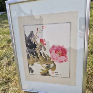 Framed Vintage Painting with Oriental Peonies