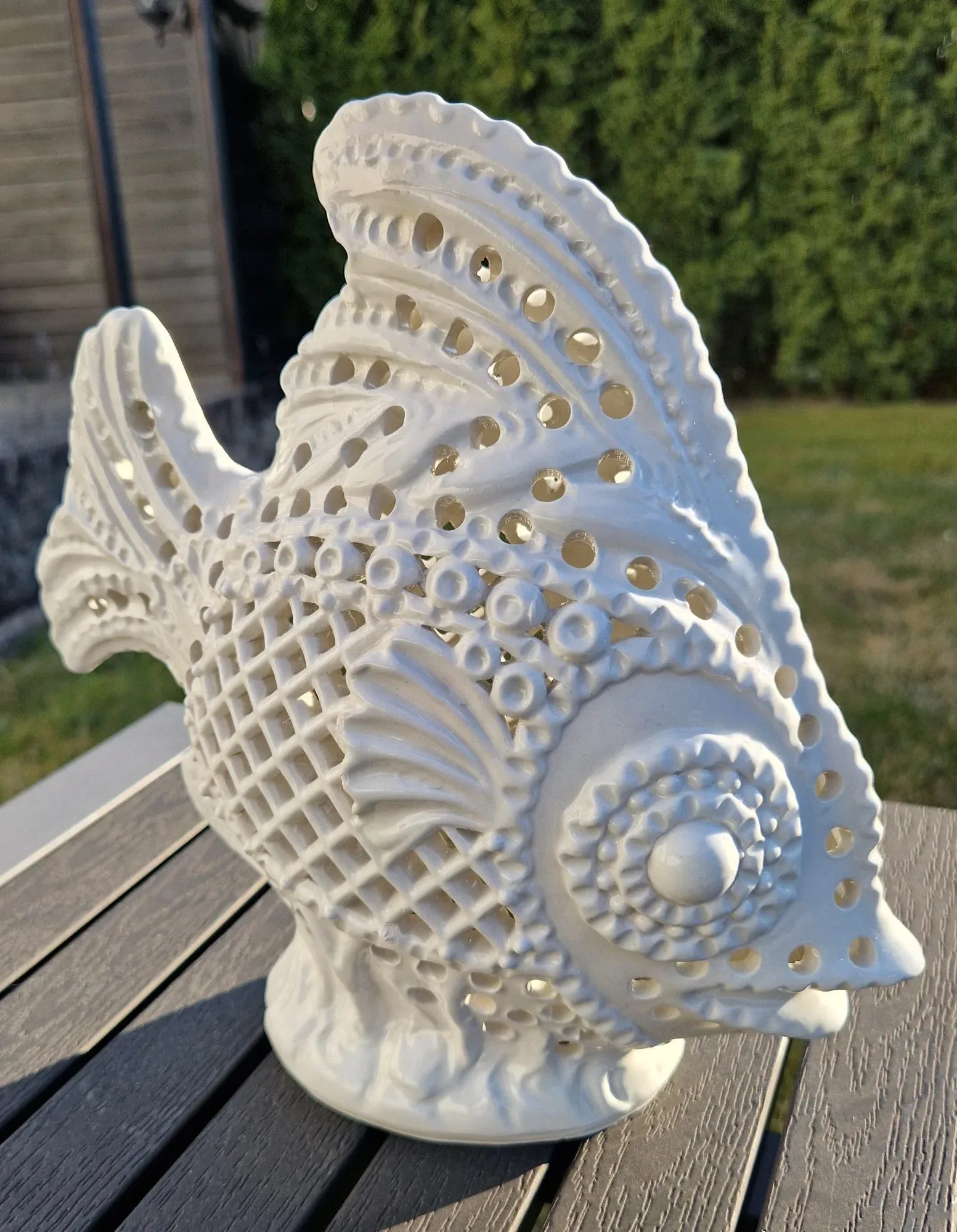 Vintage Fisklampa i Keramik med Genombrutet Mönster