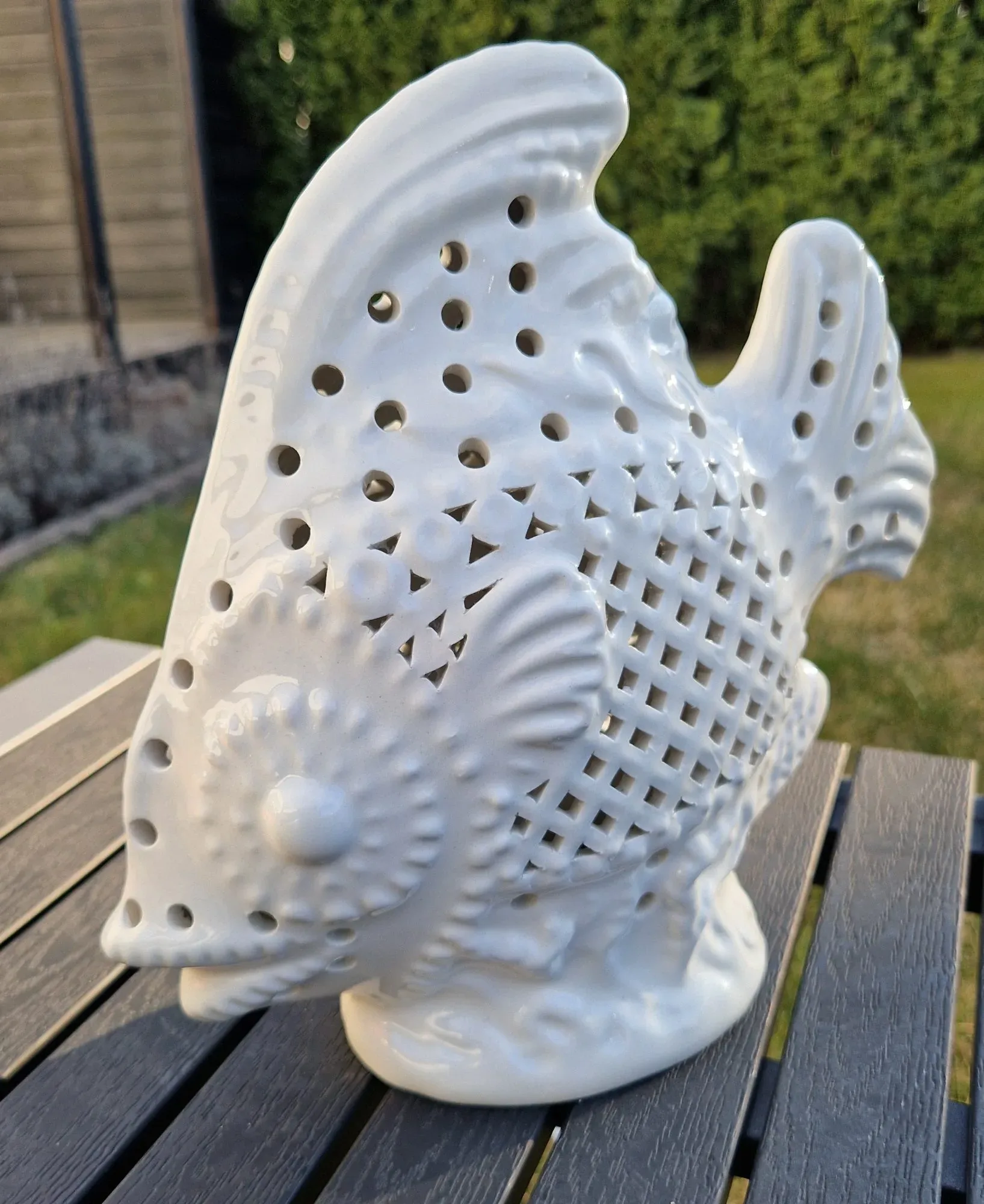 Vintage Fisklampa i Keramik med Genombrutet Mönster