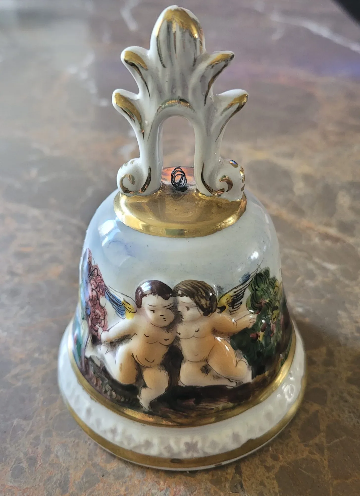 Hand-Painted Capodimonte-Style Porcelain Bell with Cherubs