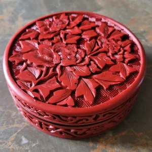 Vintage Carved Red Lacquer Box with Flowers