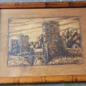 Rustic Wooden Tray with Pyrography – Castle Motif & Forged Handles