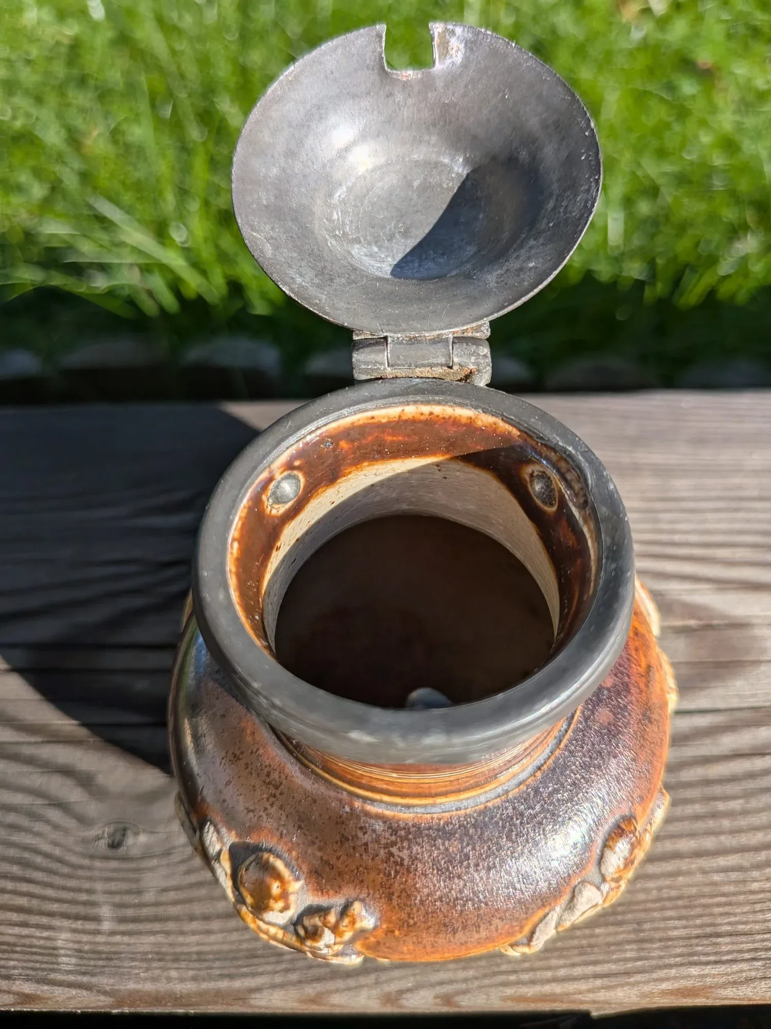 Antique Ceramic Jug with Pewter Lid – Rustic Decor - Image 12