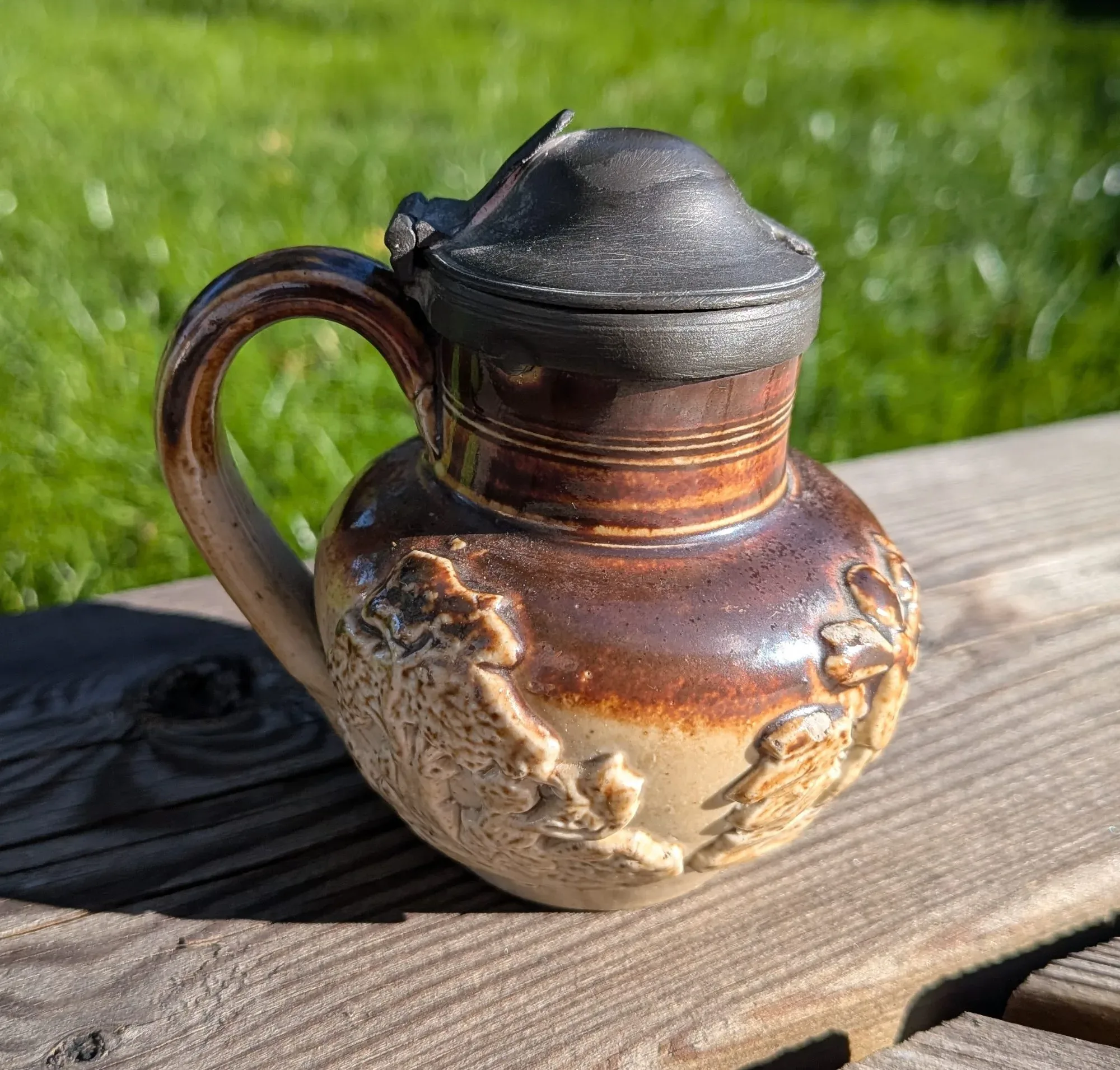 Antique Ceramic Jug with Pewter Lid – Rustic Decor