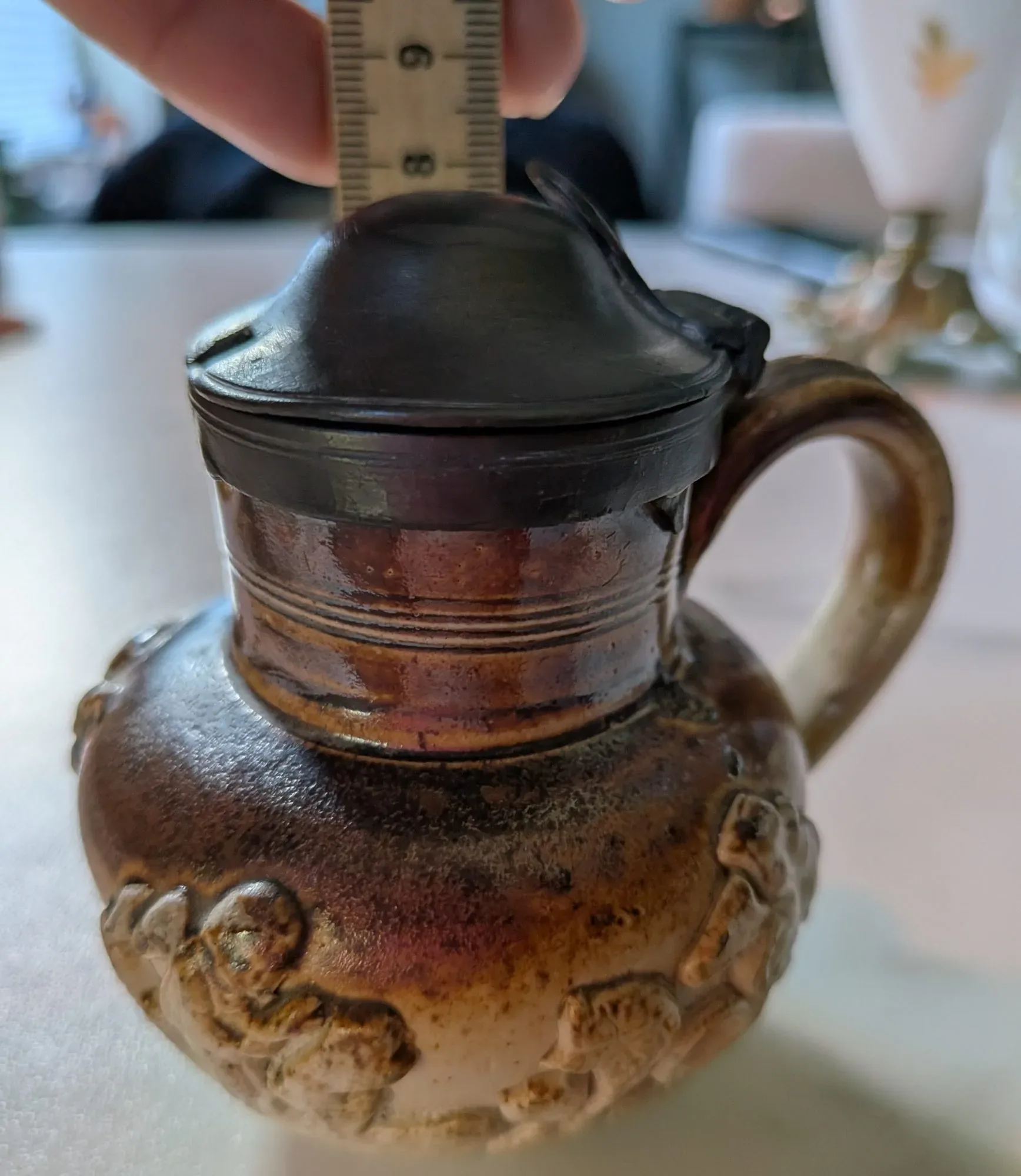 Antique Ceramic Jug with Pewter Lid – Rustic Decor - Image 4