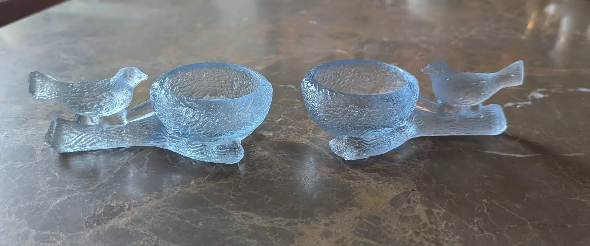 Frosted Light Blue Glass Bird Pair with Small Bowls - Image 8