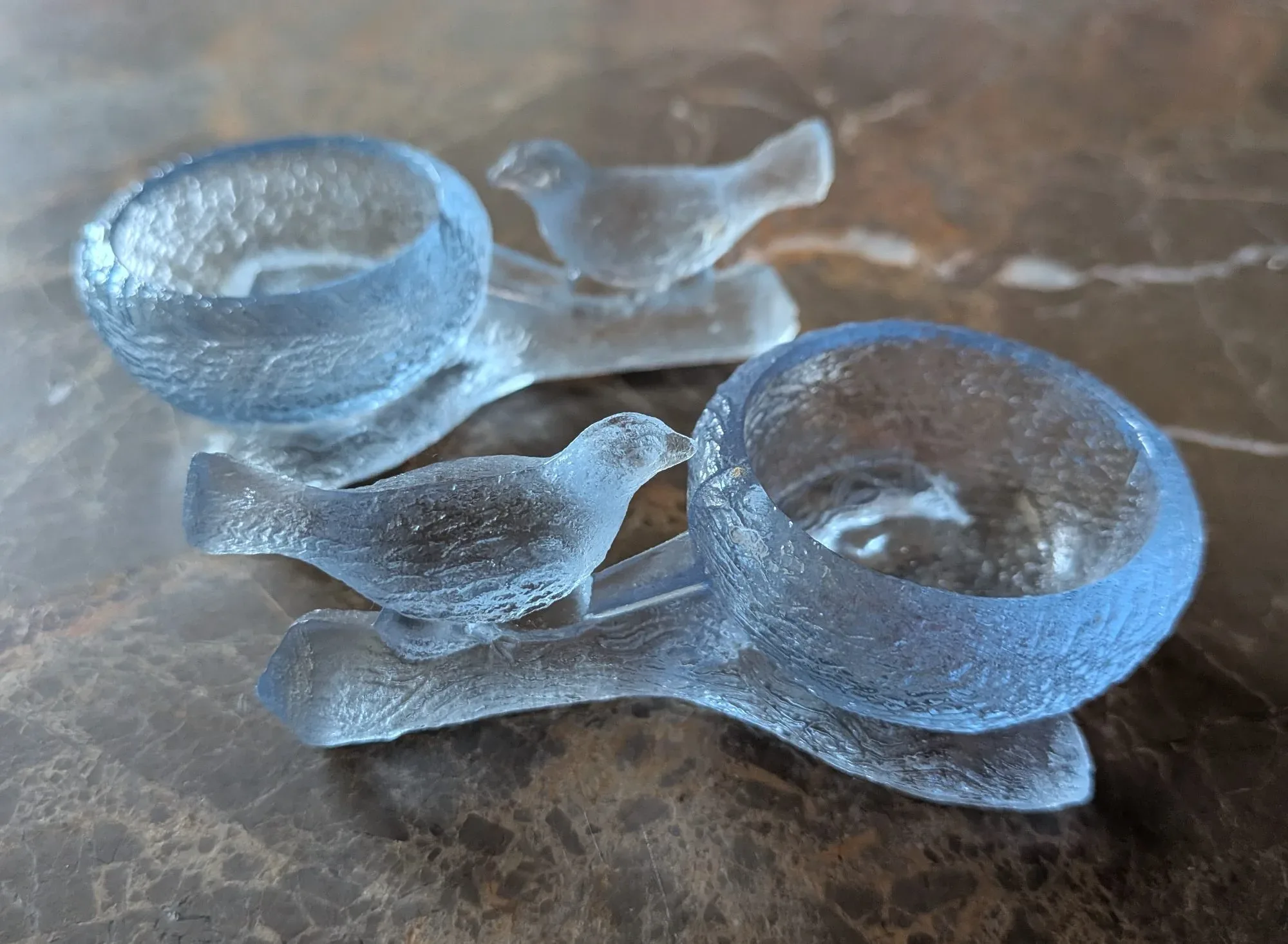 Frosted Light Blue Glass Bird Pair with Small Bowls