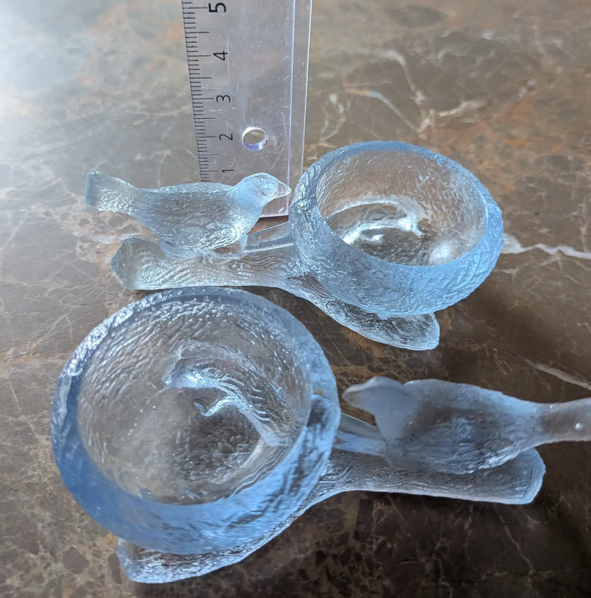 Frosted Light Blue Glass Bird Pair with Small Bowls - Image 3