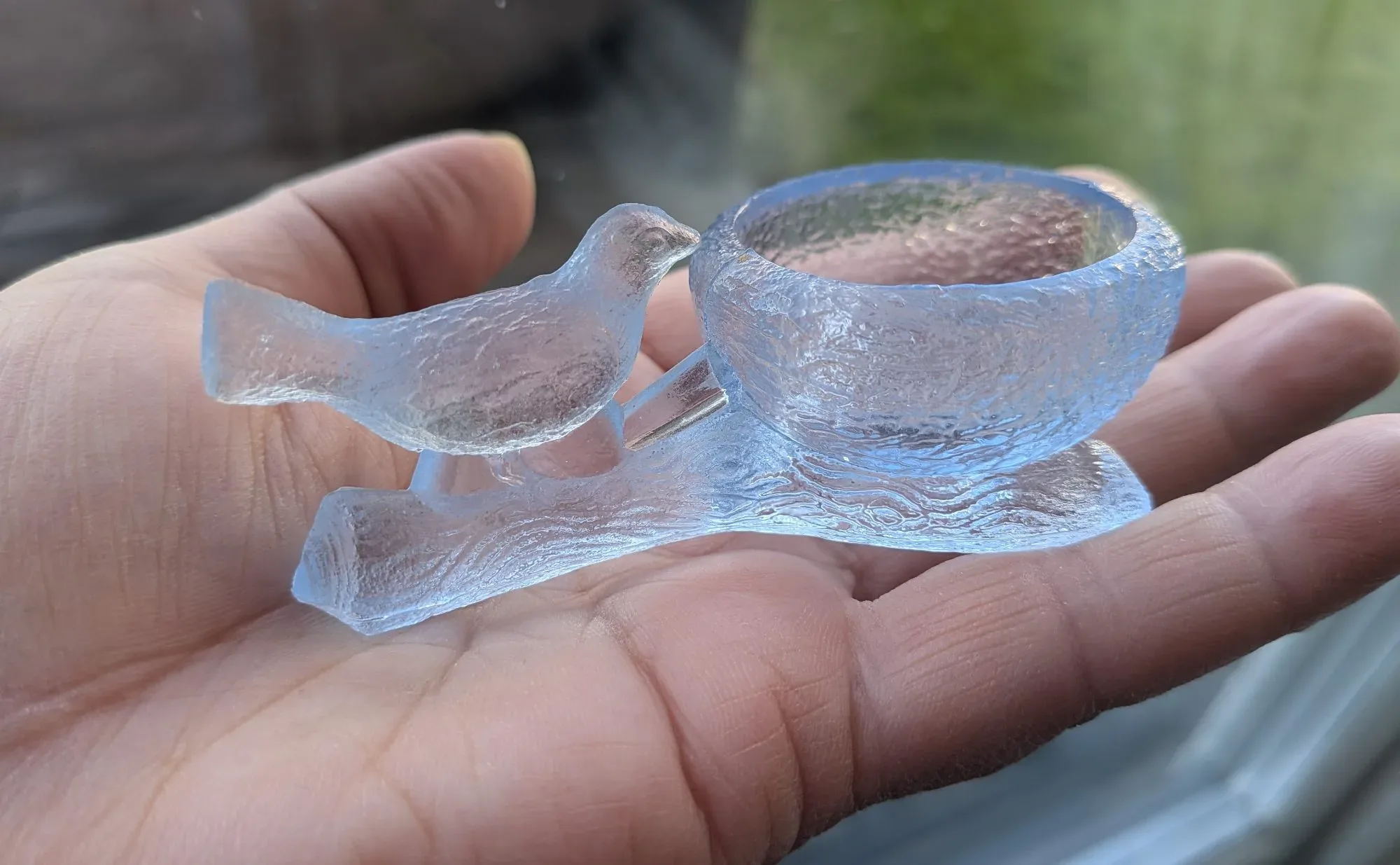 Frosted Light Blue Glass Bird Pair with Small Bowls - Image 2