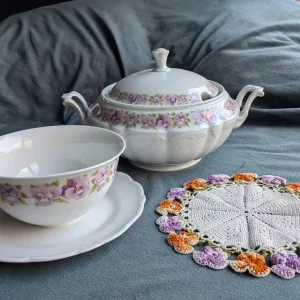 Vintage Soup Tureen & Bowl Set with Pansies