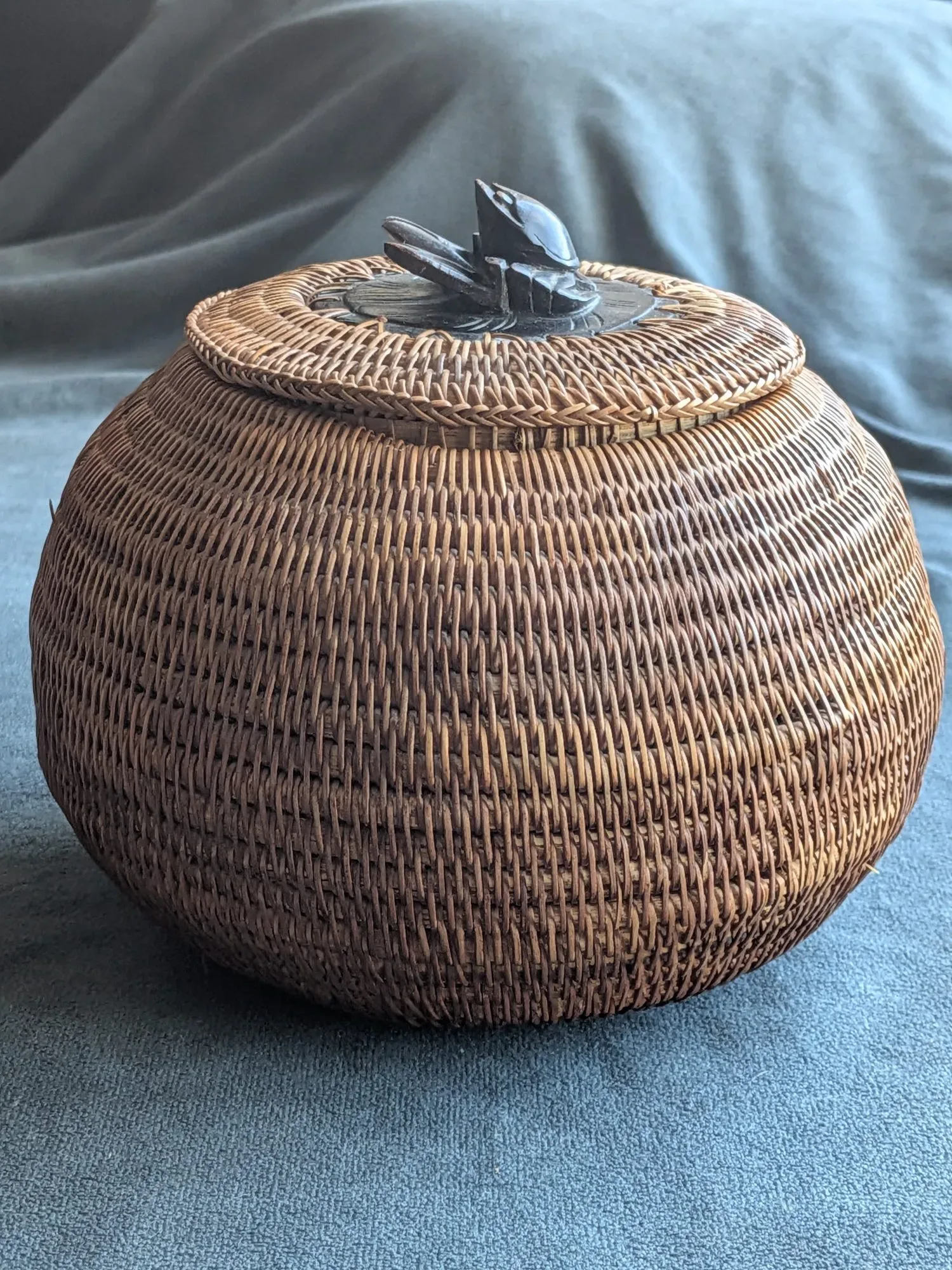Decorative Braided Basket with Carved Insect