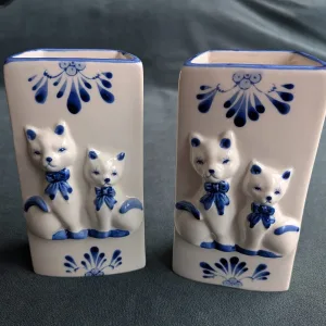 Charming Blue and White Ceramic Wall Vases with Cats, Pair