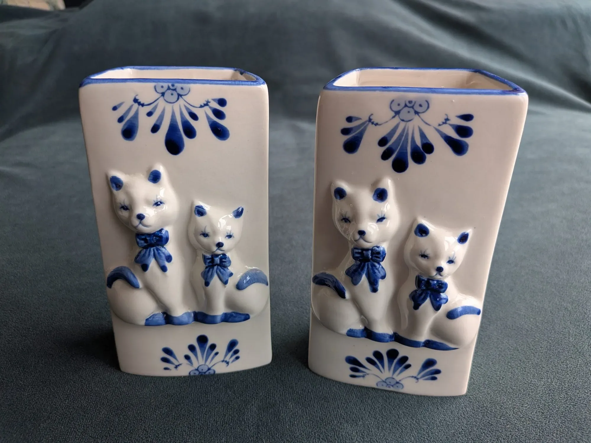 Charming Blue and White Ceramic Wall Vases with Cats, Pair