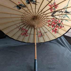 Vintage Handmålat Parasoll med Fåglar och Blommor