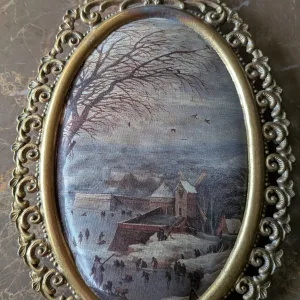 Vintage Oval Tavla Vinterlandskap, Made in Italy