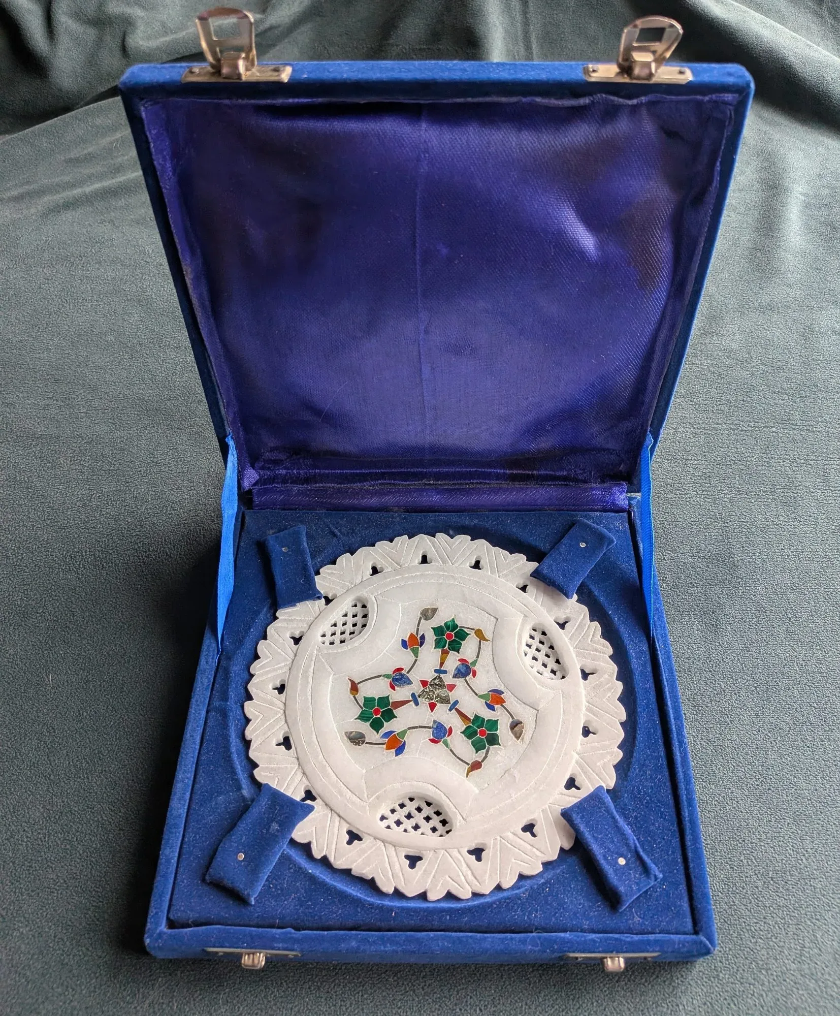 Hand-Carved Marble Plate with Stone Intarsia in Velvet Case