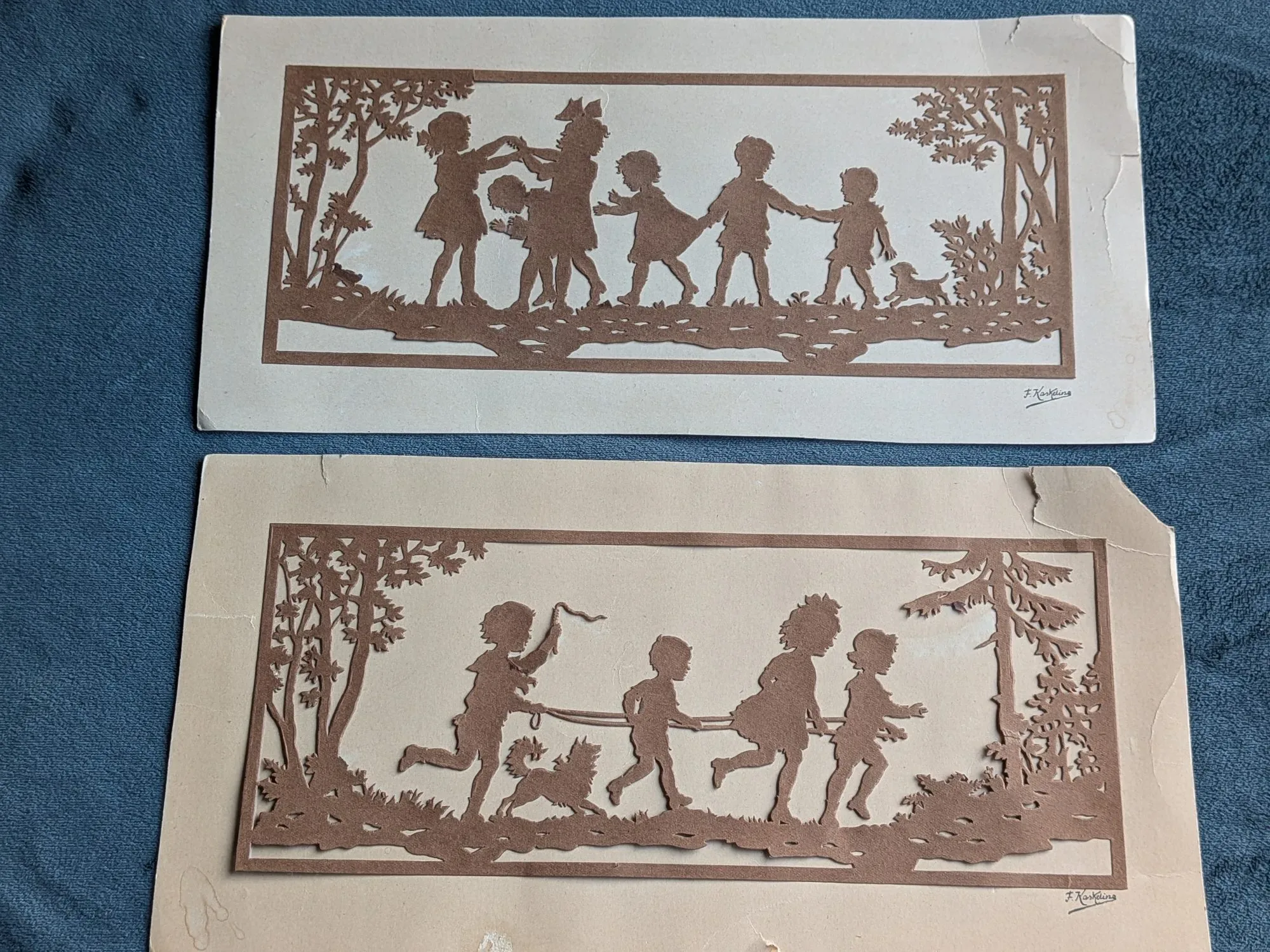 Vintage Silhuetter av F. Kaskeline – Lekande Barn, 2 st
