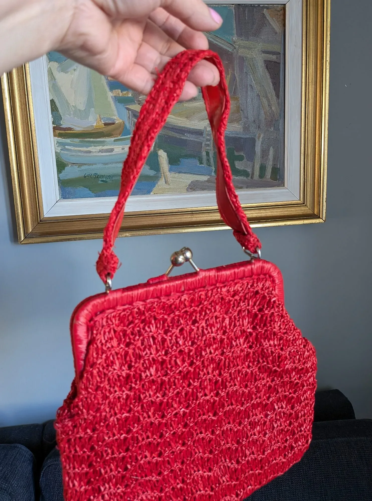 Elegant Röd Vintage Handväska i Raffia