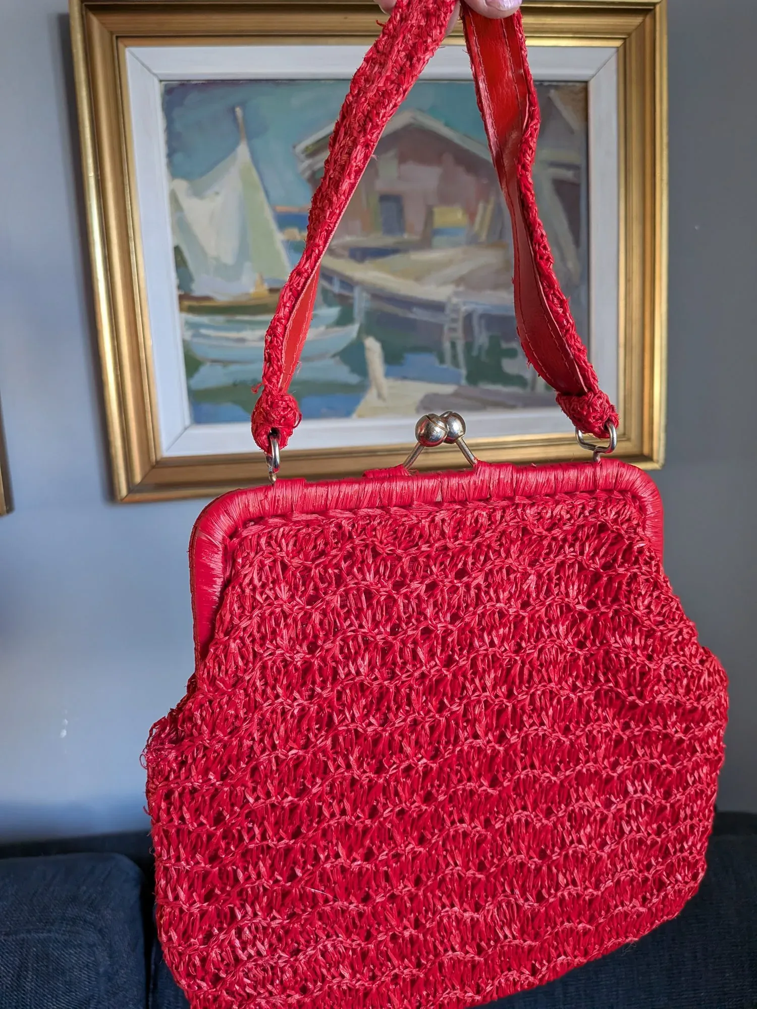 Elegant Röd Vintage Handväska i Raffia - Bild 3