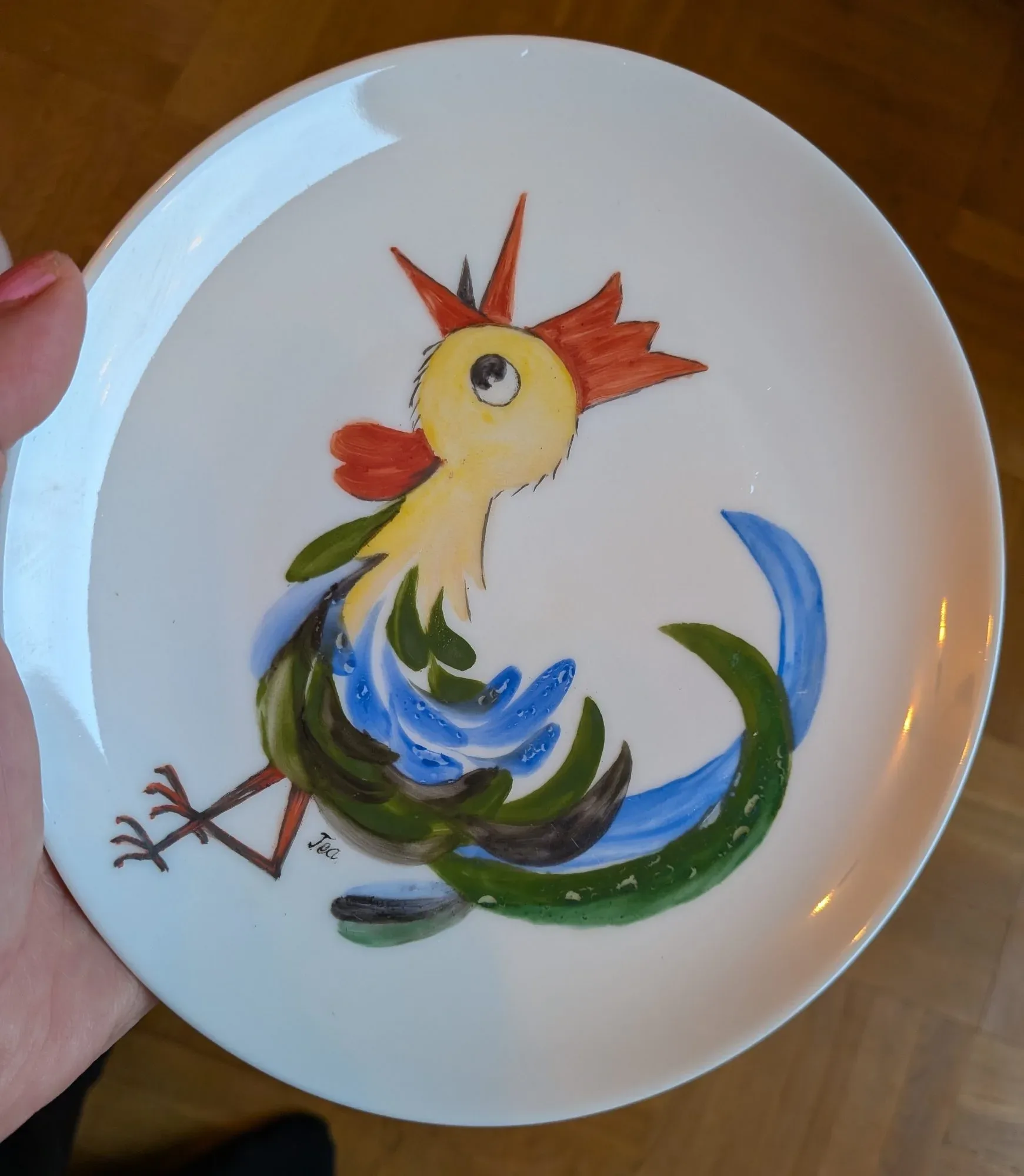 Vintage Handmålade Fat med Tuppar, Signerade Jea, 2 st - Bild 6