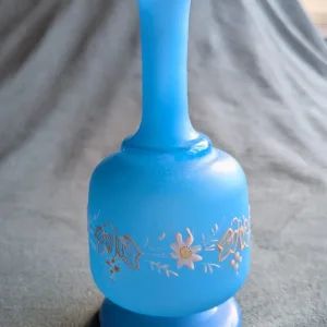 Light Blue Vintage Frosted Glass Vase with Hand-Painted Decor