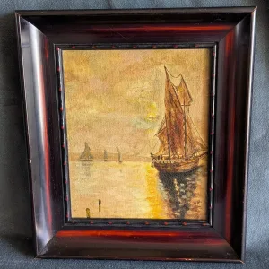 Vintage Oil Painting: Sailboats at Sunset, Signed A.P. Sk.