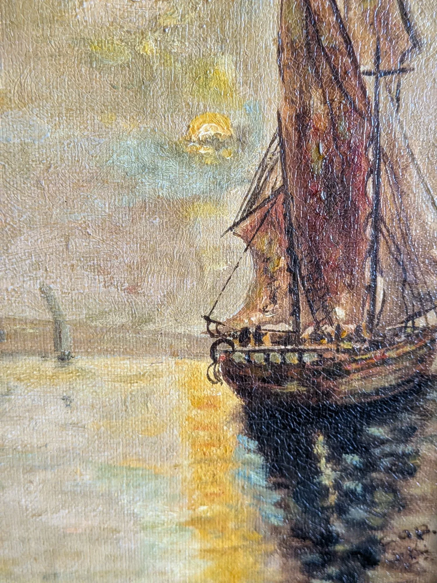 Vintage Oljemålning: Segelbåtar i Solnedgång, Signerad A.P. Sk. - Bild 5