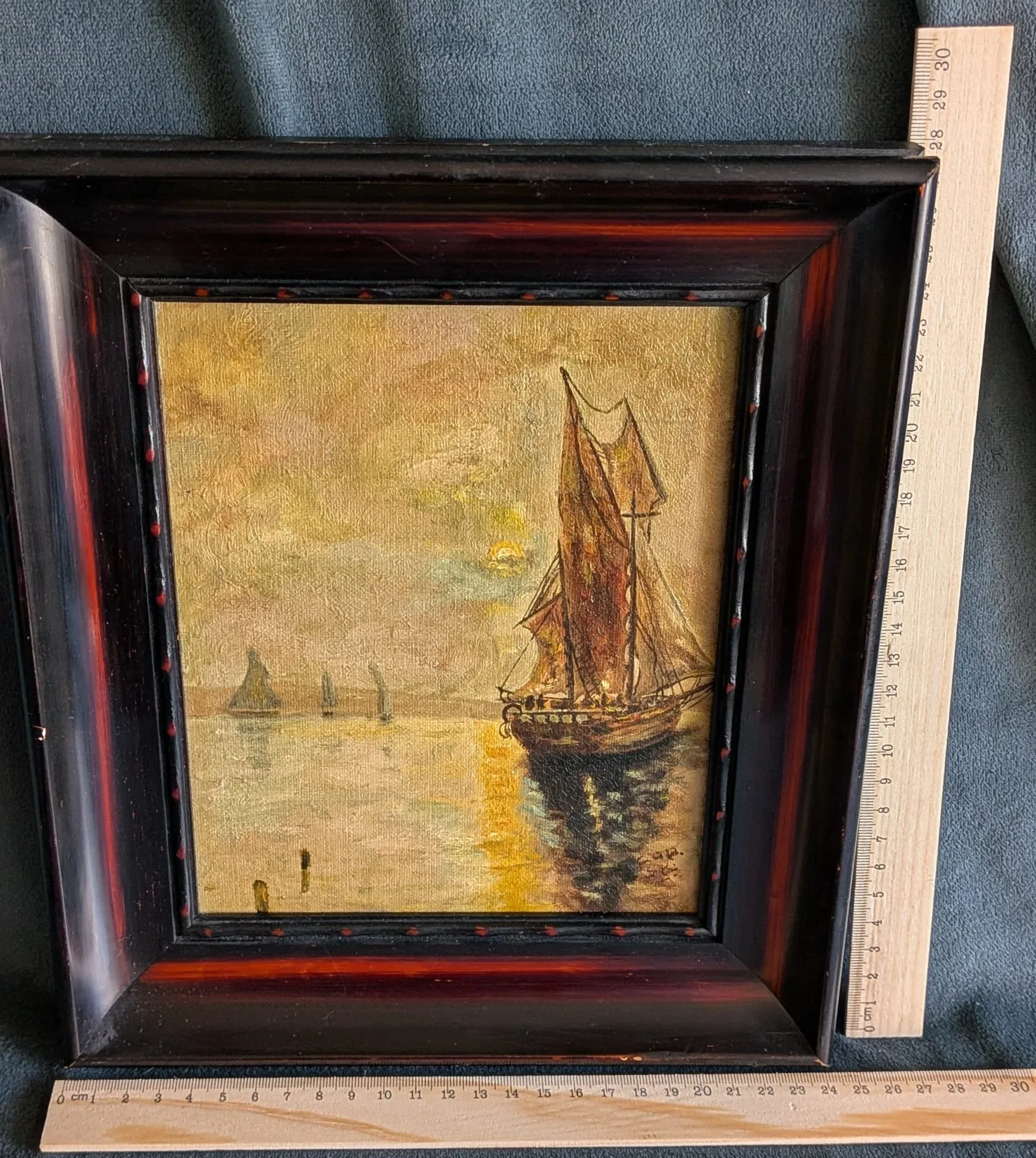 Vintage Oljemålning: Segelbåtar i Solnedgång, Signerad A.P. Sk. - Bild 2