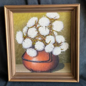 Vintage Oil Painting: Cotton Branches in Rustic Pot