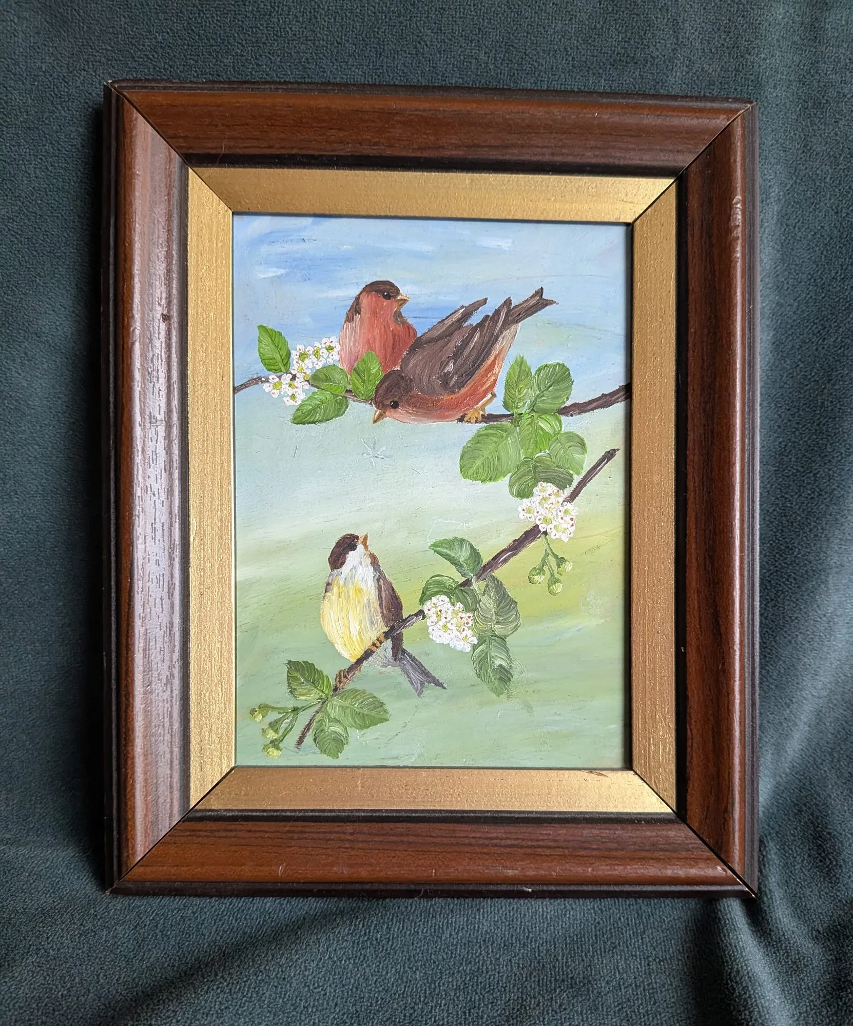 Charming Oil Painting "Birds on Branch" by K. Hamrén in Wooden Frame