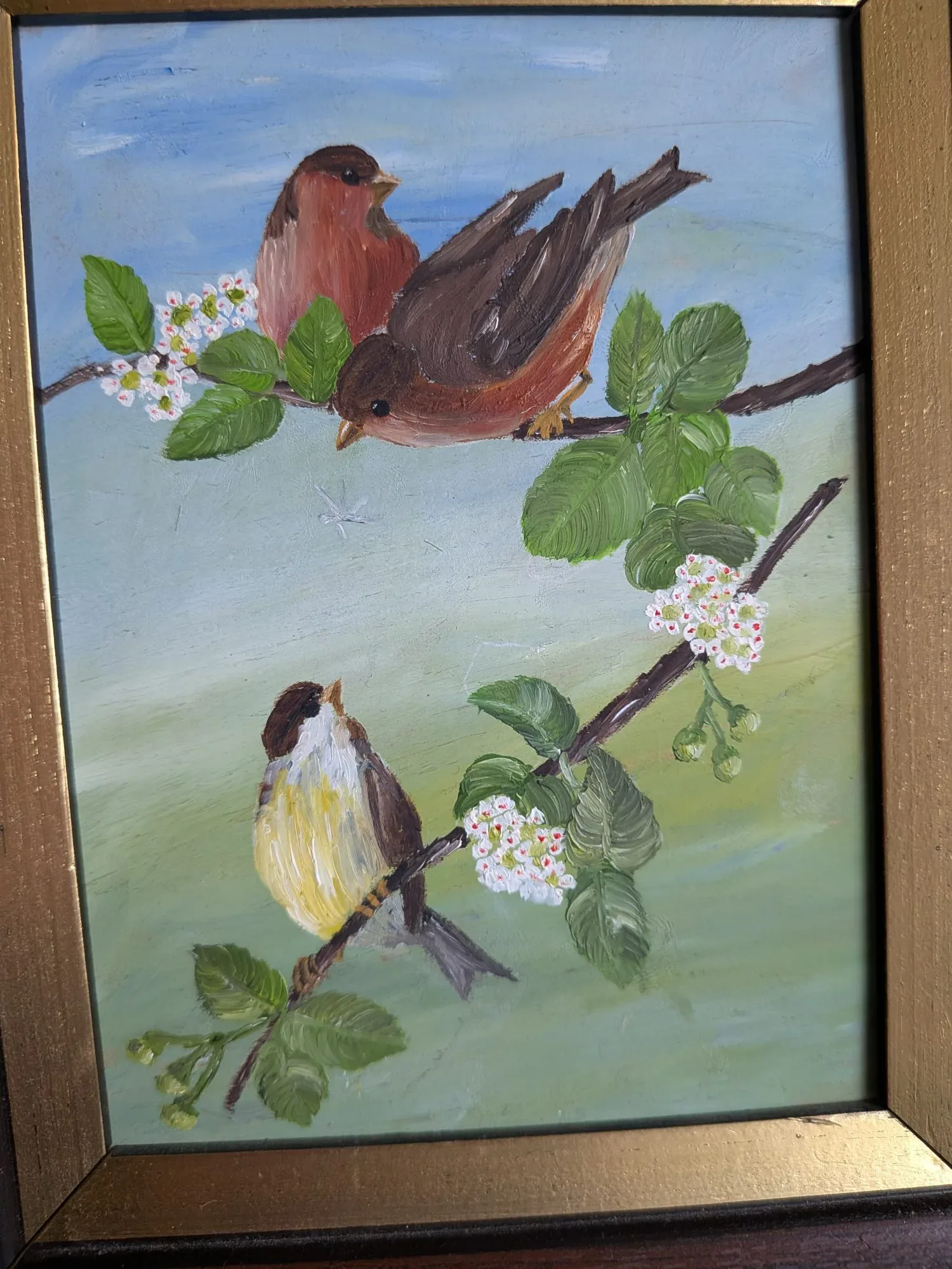 Charming Oil Painting "Birds on Branch" by K. Hamrén in Wooden Frame - Image 8