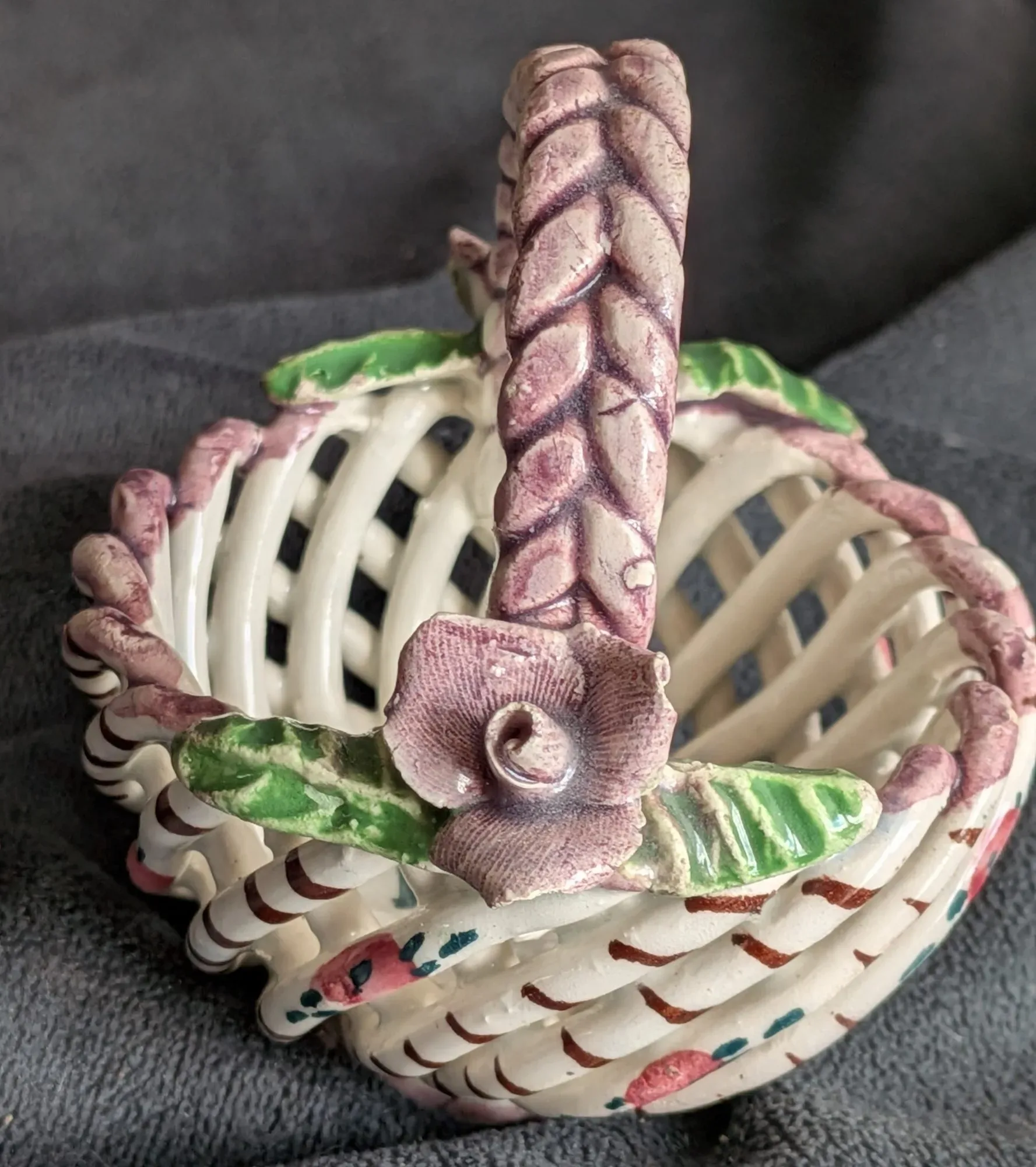 Hand-Painted Miniature Ceramic Flower Basket, Spain - Image 9