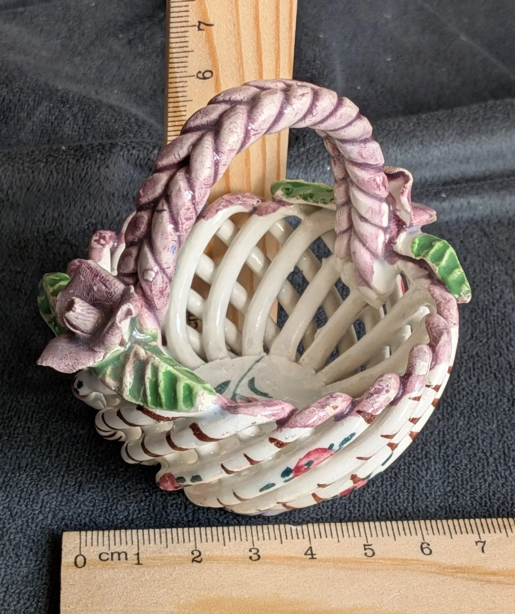 Hand-Painted Miniature Ceramic Flower Basket, Spain - Image 5