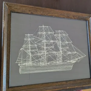 Vintage Maritim Tavla: Segelfartyg i Träram, Linjegrafik