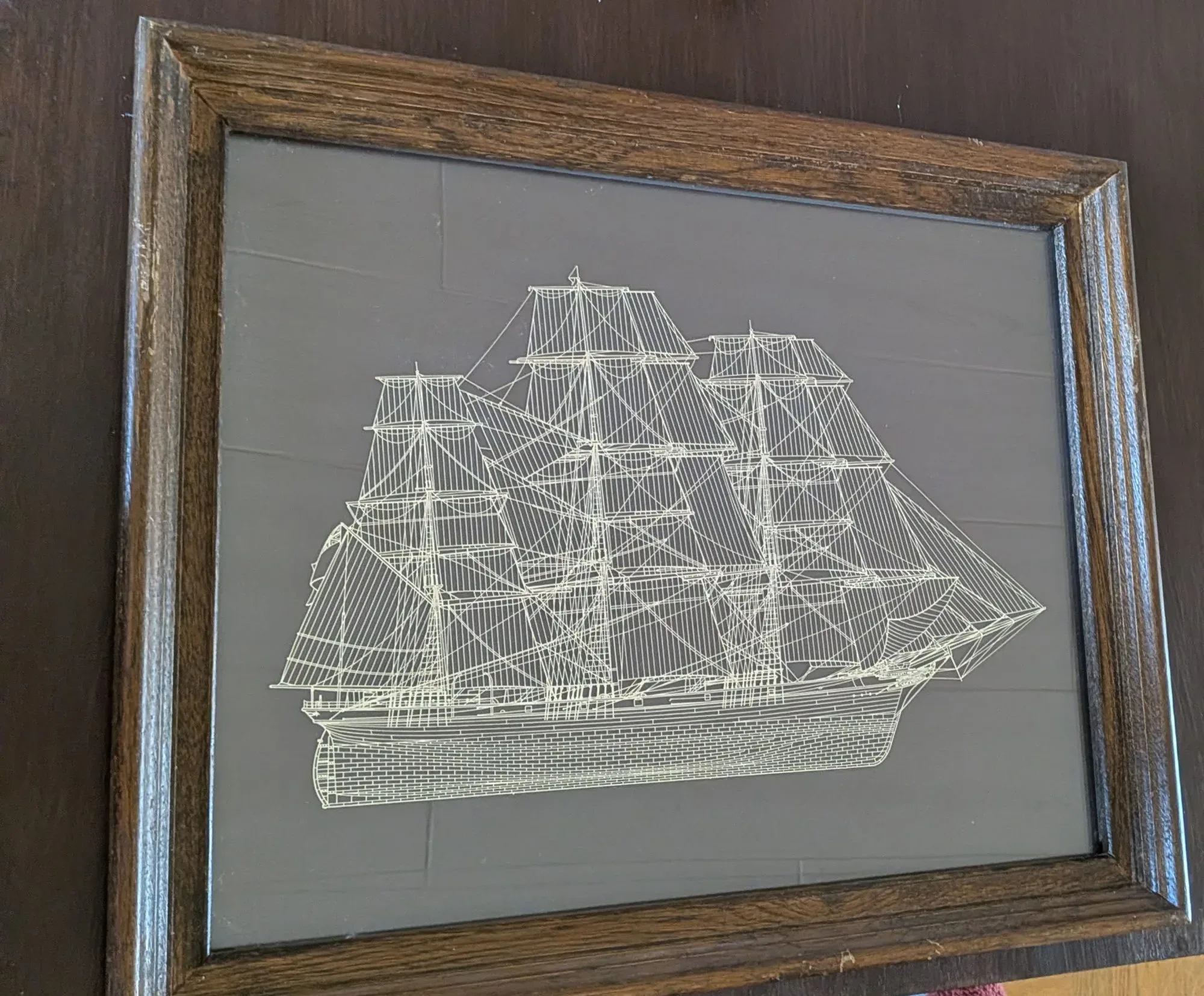 Vintage Maritim Tavla: Segelfartyg i Träram, Linjegrafik