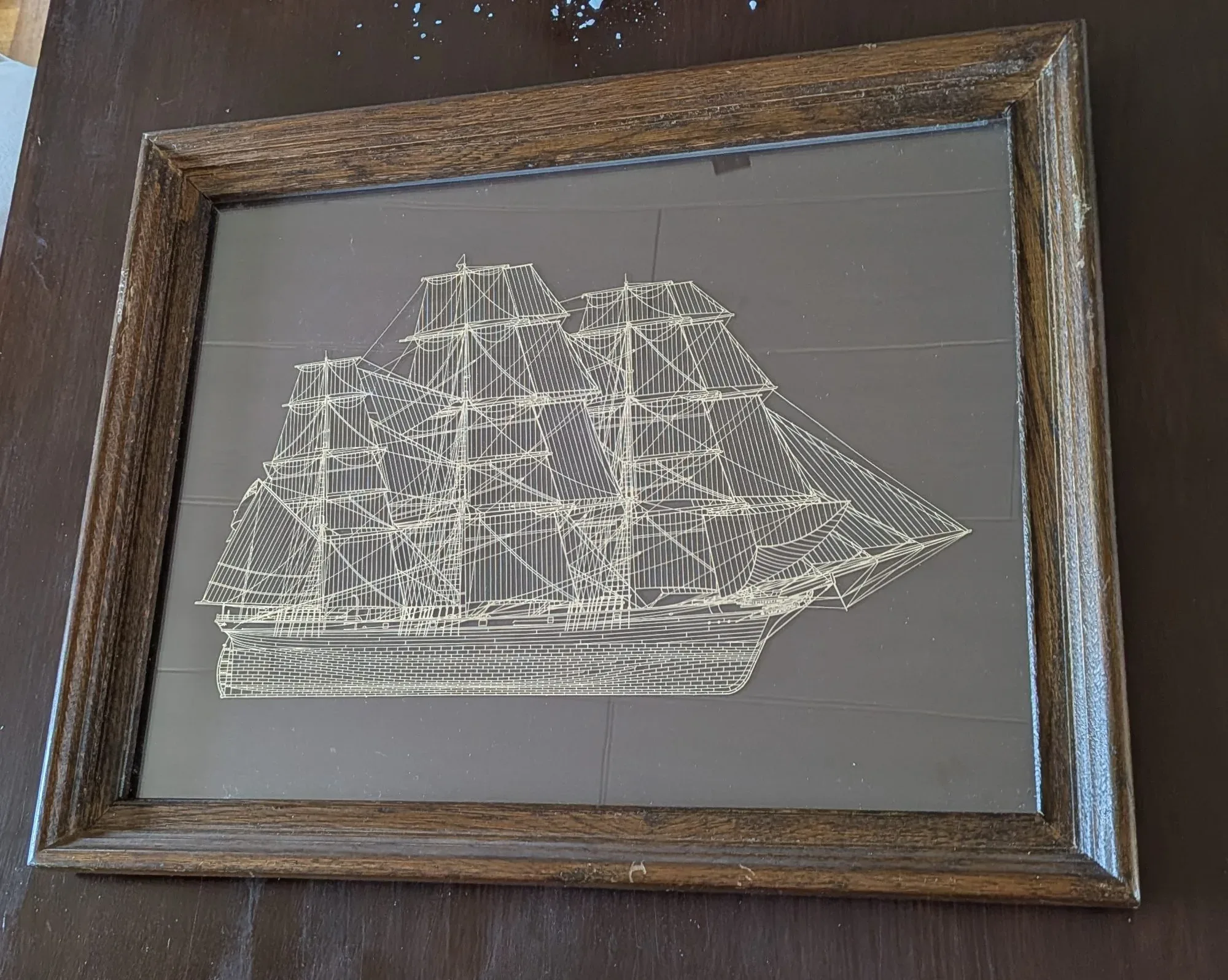 Vintage Maritim Tavla: Segelfartyg i Träram, Linjegrafik - Bild 5