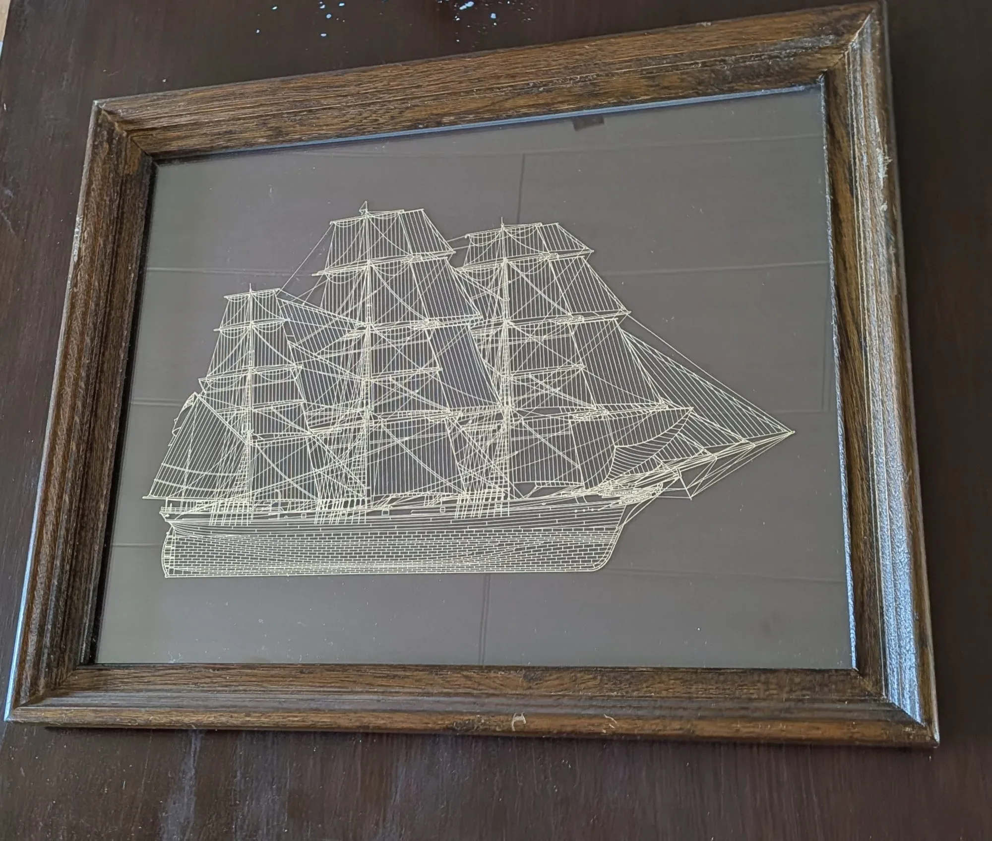 Vintage Maritim Tavla: Segelfartyg i Träram, Linjegrafik - Bild 4