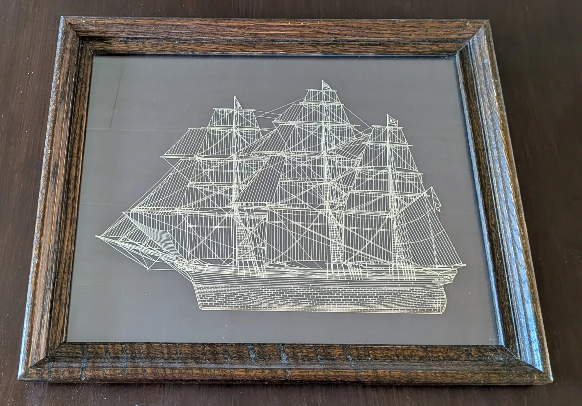 Detailed Ship Relief in Wooden Frame, Nautical Style