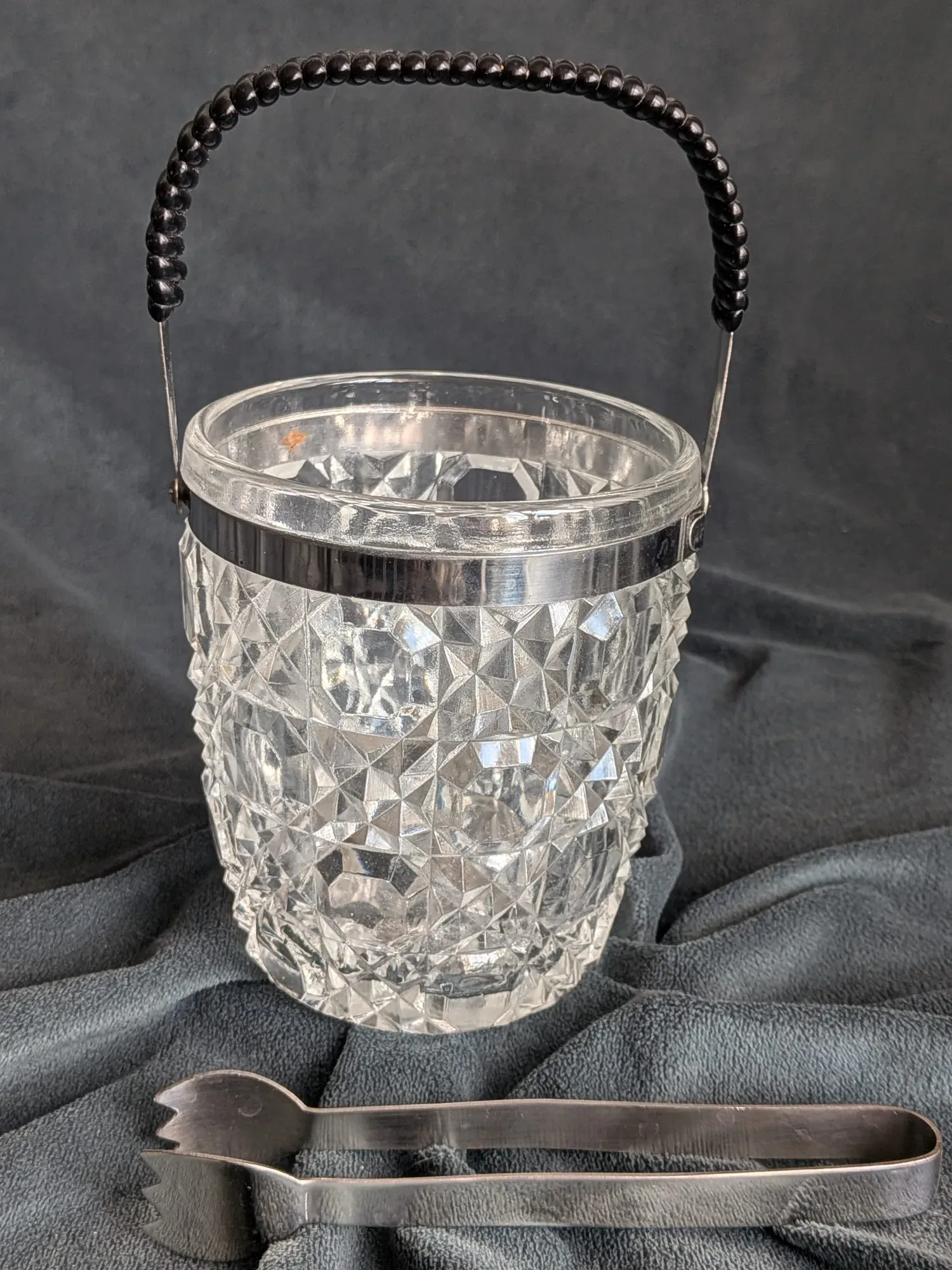 Elegant Faceted Glass Ice Bucket with Tongs