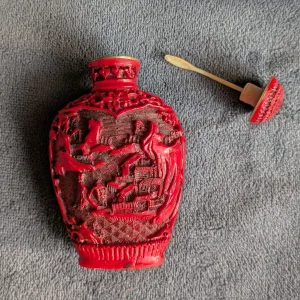 Decorative Bottle, Red Carved Resin, Oriental Style