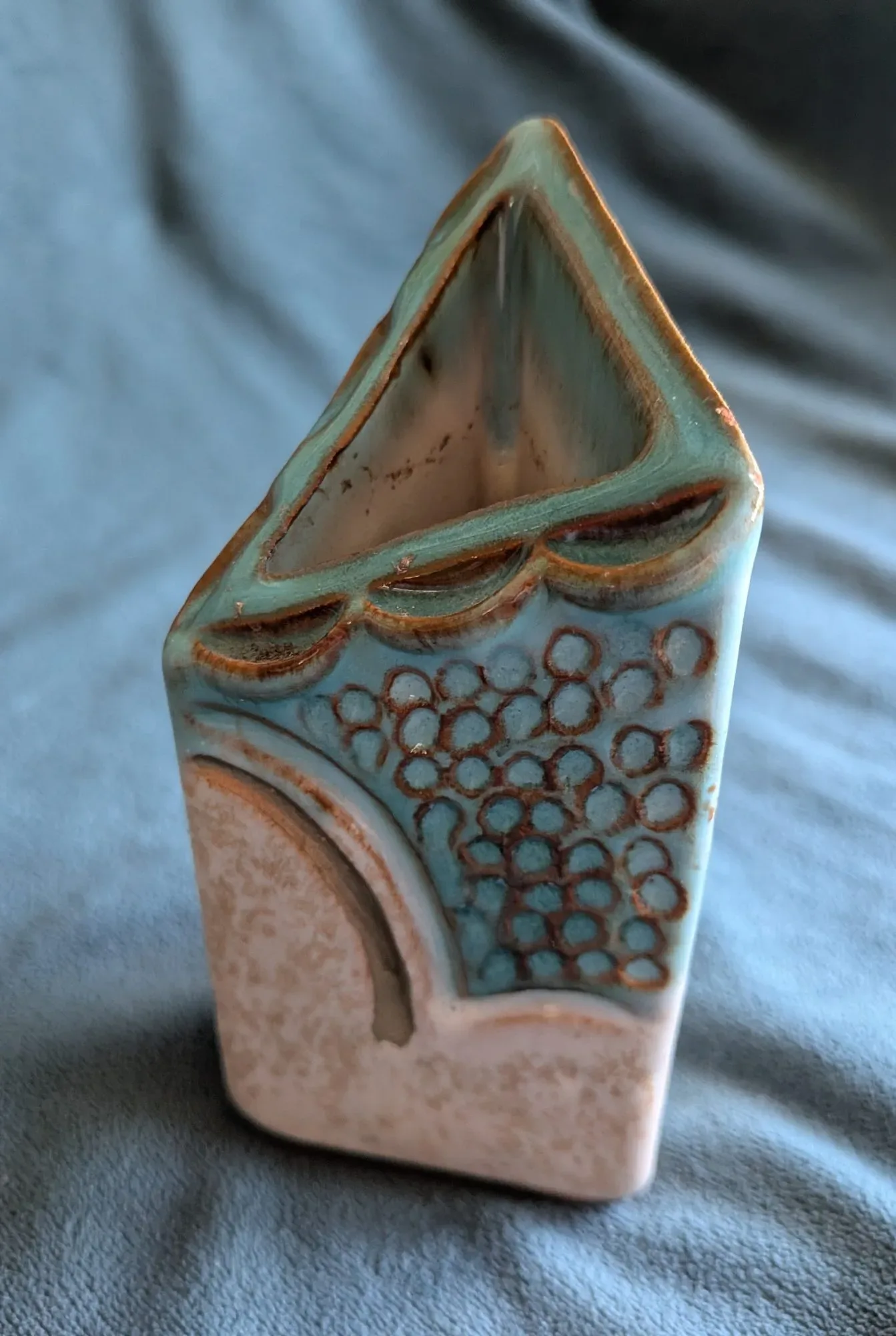 Rustic Turquoise Triangular Ceramic Vase - Image 8