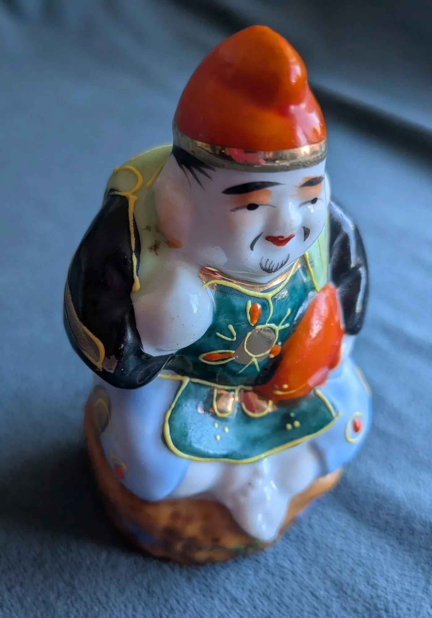 Kutani Keramikfigur, Japansk Lyckogud, Handmålad Vintage - Bild 9