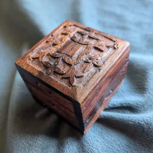 Rustic Dark Wood Box, Hand-Carved, Brass Hinges