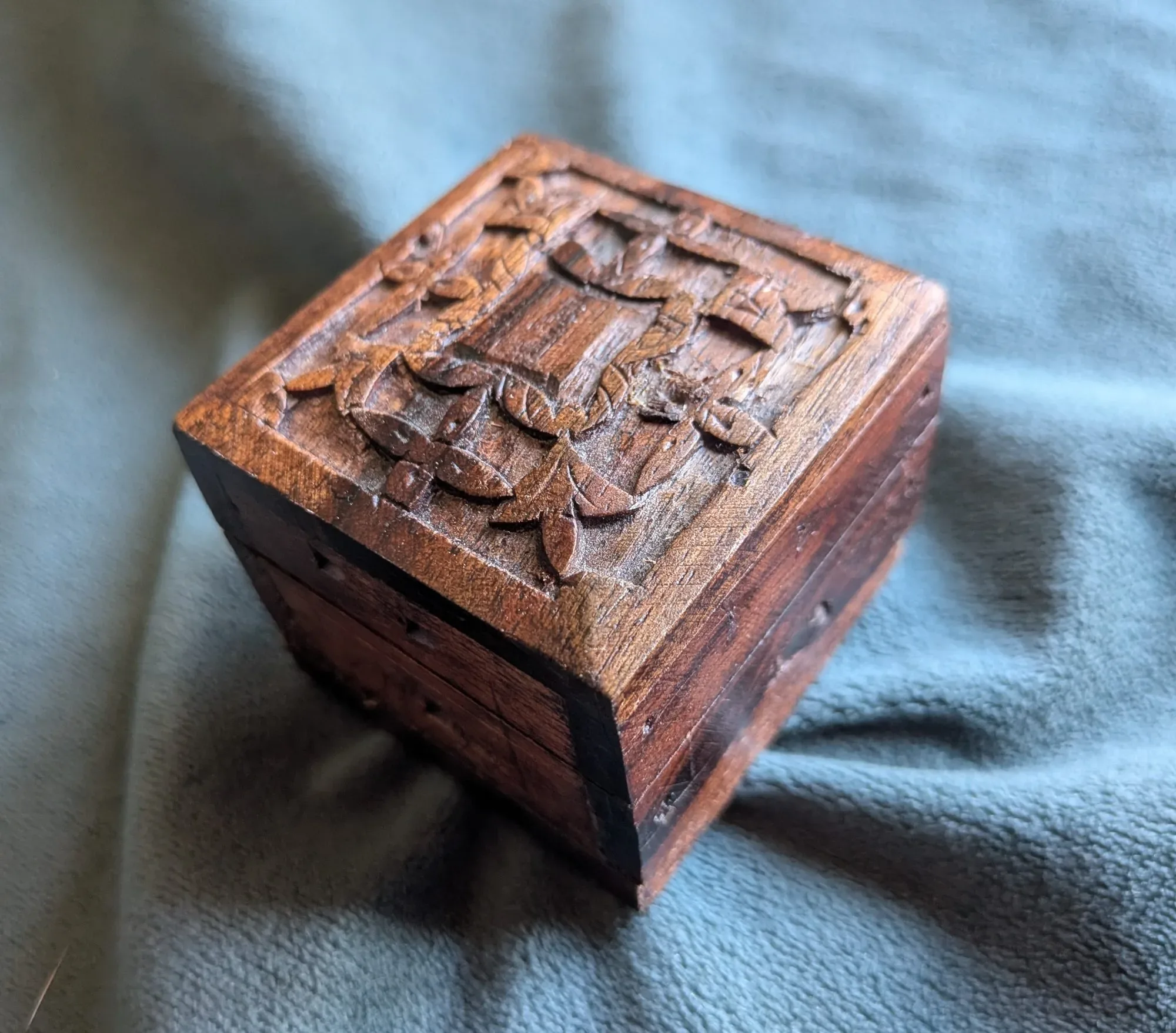 Rustic Dark Wood Box, Hand-Carved, Brass Hinges
