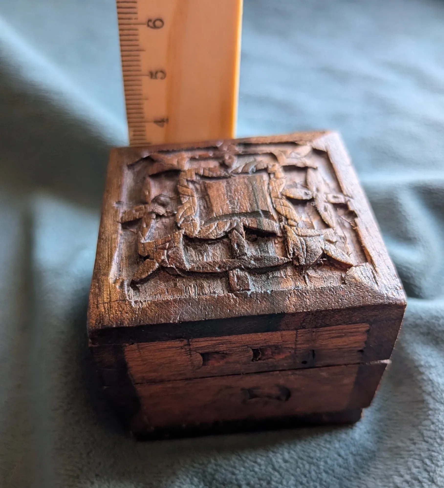 Rustic Dark Wood Box, Hand-Carved, Brass Hinges - Image 10