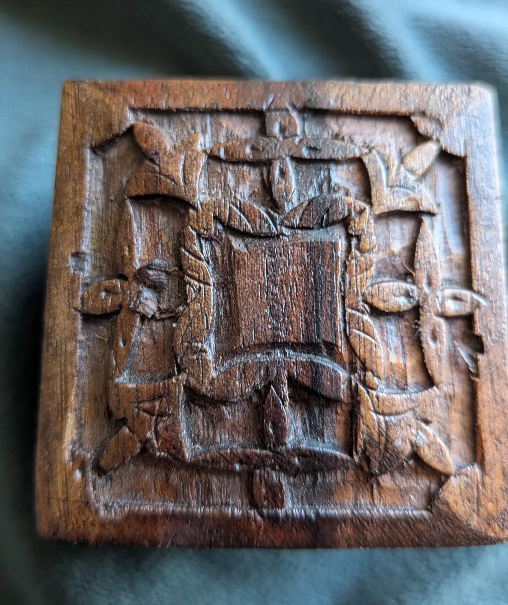 Rustic Dark Wood Box, Hand-Carved, Brass Hinges - Image 8