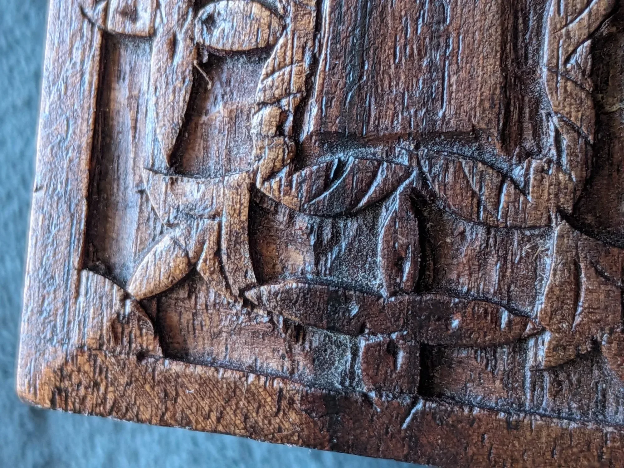 Rustic Dark Wood Box, Hand-Carved, Brass Hinges - Image 5